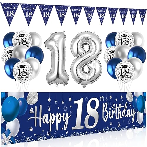 18 Geburtstag Deko Junge Mädchen, 18 Happy Birthday Banner Blau Silber, Luftballons 18 Geburtstag Wimpel Girlande, Deko 18. Geburtstag Hintergrund Ballons Marineblau Silber für Jungen Party Deko von Bluelves