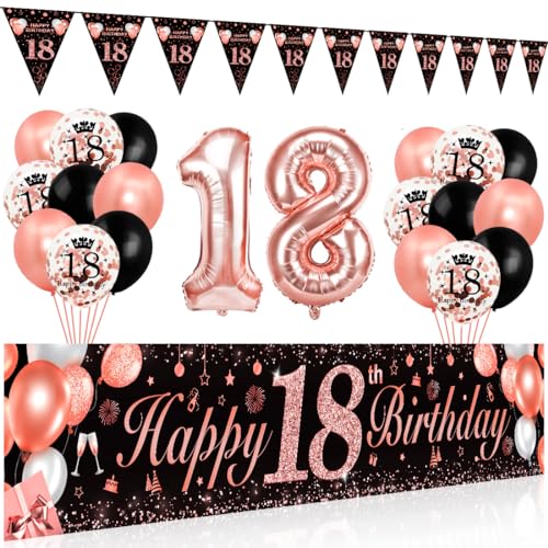 Bluelves Deko 18. Geburtstag Mädchen, Luftballon 18 Geburtstag Mädchen, Schwarz Roségold Extra Lange Happy Birthday Banner (210 x 40cm) + Girlande Wimpel + Schwarz Rosegold Konfetti Luftballons von Bluelves