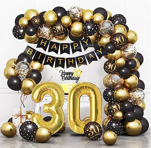 30 Geburtstag Deko,30. Geburtstag Mann Frauen,30 Jahr Geburtstagdeko,Schwarz Gold Happy Birthday Girlande Ballon Dekoration,Deko Konfetti Luftballons für 30 Geburtstag Mann Frauen Birthday Party von Bluelves