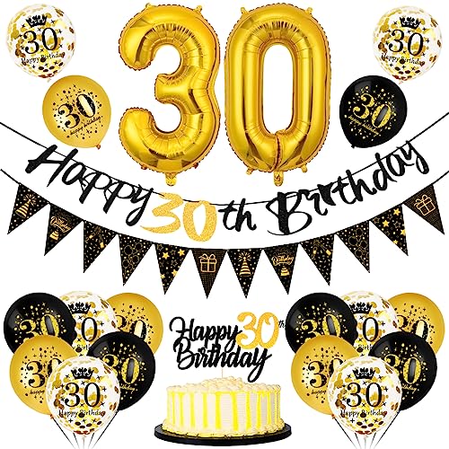 Bluelves 30 Geburtstag Deko Mann Frau, Luftballon 30 Geburtstag Schwarz Gold, 30 Happy Birthday Banner Wimpelkette, Folienballon Zahl 30, Cake Topper Schwarz Gold für 30 Geburtstag Party Dekoration von Bluelves