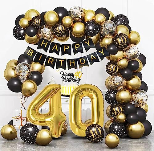 Bluelves Deko 40 Geburtstag Schwarz Gold, Luftballon 40. Geburtstag, 40 Jahr Geburtstagdeko, Happy Birthday Girlande Ballon Dekoration für Mann Frauen von Bluelves