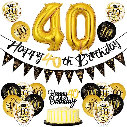 Bluelves 40 Geburtstag Deko Mann Frau, Luftballon 40 Geburtstag Schwarz Gold, 40 Happy Birthday Banner Wimpelkette, Folienballon Zahl 40, Cake Topper Schwarz Gold für 40 Geburtstag Party Dekoration von Bluelves