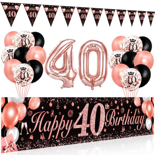Bluelves 40 Geburtstag Frauen Deko, Luftballons 40. Geburtstag, Schwarz Roségold Extra Lange Happy Birthday Banner (210 x 40cm) + Girlande Wimpel + Schwarz Rosegold Konfetti Luftballons von Bluelves