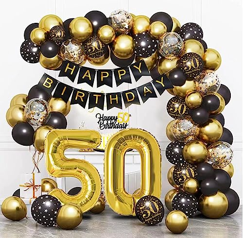 Bluelves Deko 50 Geburtstag Schwarz Gold, Luftballon 50. Geburtstag, 50 Jahr Geburtstagdeko, Happy Birthday Girlande Ballon Dekoration für Mann Frauen von Bluelves