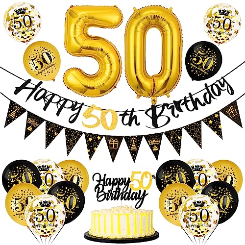 Bluelves 50 Geburtstag Deko Mann Frau, Luftballon 50 Geburtstag Schwarz Gold, 50 Happy Birthday Banner Wimpelkette, Folienballon Zahl 50, Cake Topper Schwarz Gold für 50 Geburtstag Party Dekoration von Bluelves