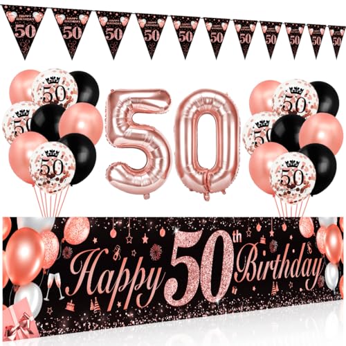 50 Geburtstag Dekoration Frauen,Bluelves Schwarz Rose Extra Lange Happy Birthday Banner Girlande Wimpel (210 x 40 cm),50. Geburtstag Deko Banner Hintergrund und Schwarz Rosegold Konfetti Luftballons von Bluelves