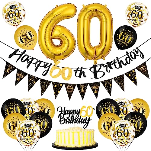60 Geburtstag Deko Mann Frau, Luftballon 60 Geburtstag Schwarz Gold, 60 Happy Birthday Banner Wimpelkette, Folienballon Zahl 60, Cake Topper Schwarz Gold für 60 Geburtstag Party Dekoration 60 Geburtstag Deko Mann Frau, Luftballon 60 Geburtstag Schwarz Gold, 60 Happy Birthday Banner Wimpelkette, Folienballon Zahl 60, Cake Topper Schwarz Gold für 60 Geburtstag Party Dekoration von Bluelves