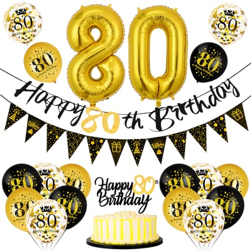 80 Geburtstag Deko Mann Frau, Luftballon 80 Geburtstag Schwarz Gold, 80 Happy Birthday Banner Wimpelkette, Folienballon Zahl 80, Cake Topper Schwarz Gold für 80 Geburtstag Party Dekoration von Bluelves