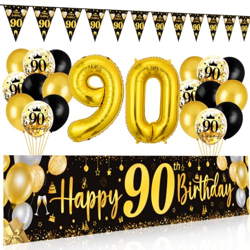 90 Geburtstag Deko für Mann und Frau - Happy Birthday Banner Schwarz Gold, Luftballons, Wimpel Girlande, Hintergrund Ballons für Männer Frauen Party 90 Geburtstag Deko für Mann und Frau - Happy Birthday Banner Schwarz Gold, Luftballons, Wimpel Girlande, Hintergrund Ballons für Männer Frauen Party von Bluelves