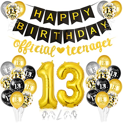 Bluelves 13. Geburtstag Deko Schwarz Gold, 13. Geburtstagsdeko Luftballons, 13 Jahr Geburtstag Ballon, Offizielle Teenager Girlande, Happy Birthday Girlande für Mädchen Jungen von Bluelves