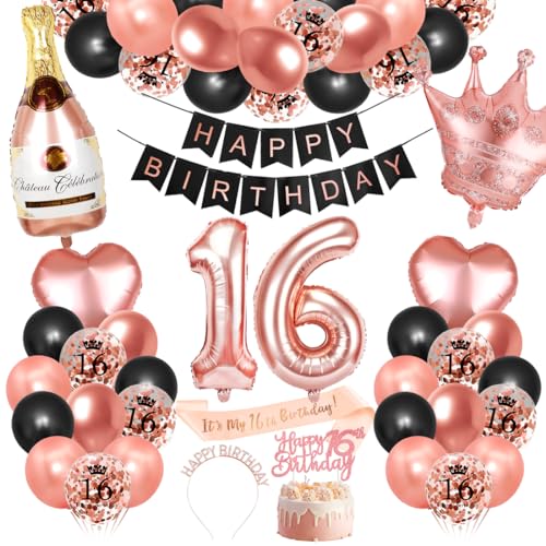 Bluelves 16. Geburtstag Dekorationen Mädchen, Rosegold Schwarz Deko zum 16 Geburtstag, 16 er geburtstag Happy Birthday Banner Girlande Konfetti luftballon,Geburtstagsdeko für mädchen von Bluelves