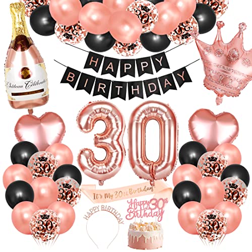 Bluelves 30. Geburtstag Dekorationen Mädchen, Rosegold Schwarz Deko zum 30 Geburtstag, 30 er geburtstag Happy Birthday Banner Girlande Konfetti luftballon,Geburtstagsdeko für mädchen von Bluelves