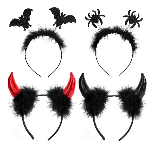Bluelves 4 Stück Teufelsohren Haarband,Schwarzer Plüsch Spinne und Fledermaus Haarreif,Schwarzer und Roten Haarreifen mit Teufel Hörner Ohren für Fasching Karneval Halloween Party Kostüm von Bluelves