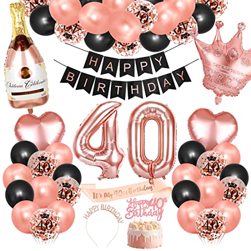 Bluelves 40. Geburtstag Dekorationen Mädchen, Rosegold Schwarz Deko zum 40 Geburtstag, 40 er geburtstag Happy Birthday Banner Girlande Konfetti luftballon,Geburtstagsdeko für mädchen von Bluelves