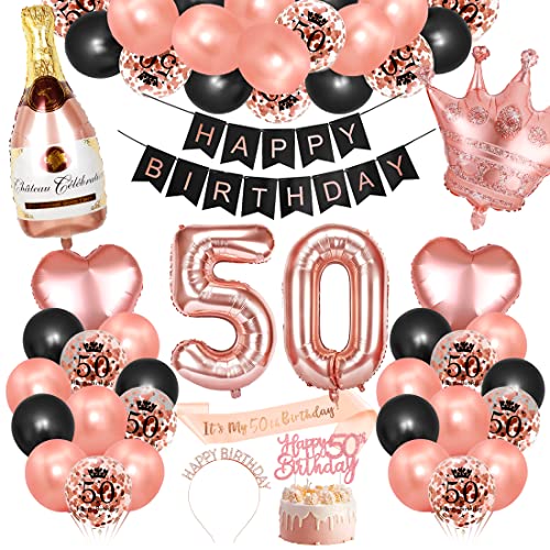 Bluelves 50. Geburtstag Dekorationen Mädchen, Rosegold Schwarz Deko zum 50 Geburtstag, 50 er geburtstag Happy Birthday Banner Girlande Konfetti luftballon,Geburtstagsdeko für mädchen von Bluelves