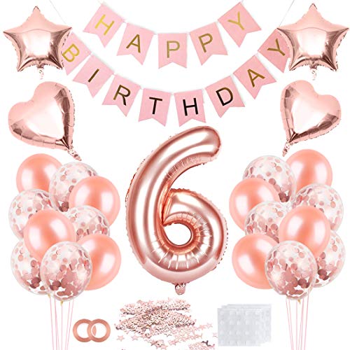 6 Jahre Geburtstag Mädchen, 6 Geburtstag Mädchen Rosegold, Luftballon 6 Geburtstag Mädchen, Geburtstagsdeko 6 Happy Birthday Banner, Konfetti 6 Geburtstag, Geburtstagsdeko Rosegold von Bluelves