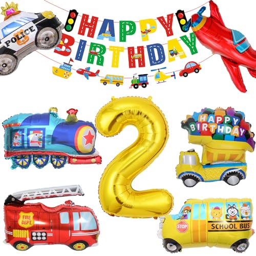 Bluelves Geburtstagsdeko 2 Jahre Folienballon,Auto Geburtstag Deko 2. Jungen,Feuerwehrfahrzeuge Truck Happy Birthday Girlande Banner,Polizeiauto Motorrad Luftballons für Kinder Party von Bluelves