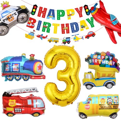 Bluelves Geburtstagsdeko 3 Jahre Folienballon,Auto Geburtstag Deko 3. Jungen,Feuerwehrfahrzeuge Truck Happy Birthday Girlande Banner,Polizeiauto Motorrad Luftballons für Kinder Party von Bluelves