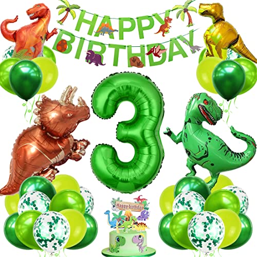 Dino Geburtstag Deko Set, 3 Jahre Kindergeburtstag Dino Ballons, XXL Dinosaurier Folienballon Grün, Zahlenballon 3 Geburtstag mit Happy Birthday Banner für Junge Mädchen Geburtstag Party Deko von Bluelves