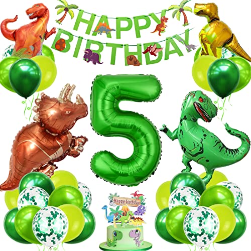 Dino Geburtstag Deko Set, 5 Jahre Kindergeburtstag Dino Ballons, XXL Dinosaurier Folienballon Grün, Zahlenballon 5 Geburtstag mit Happy Birthday Banner für Junge Mädchen Geburtstag Party Deko von Bluelves