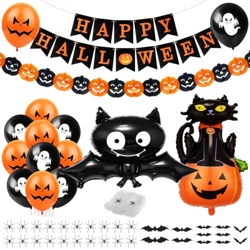 Halloween Deko Set - Luftballons, Dekoration für Kinder, Happy Halloween Banner, Spinnennetz, Fledermaus Aufkleber, Folienballons Katze für Garten Party von Bluelves