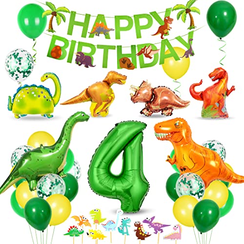 Bluelves Dino Geburtstag Deko 4 Jahre, Dinosaurier Party Luftballons Grün für Kindergeburtstag, Dschungel Party Junge von Bluelves