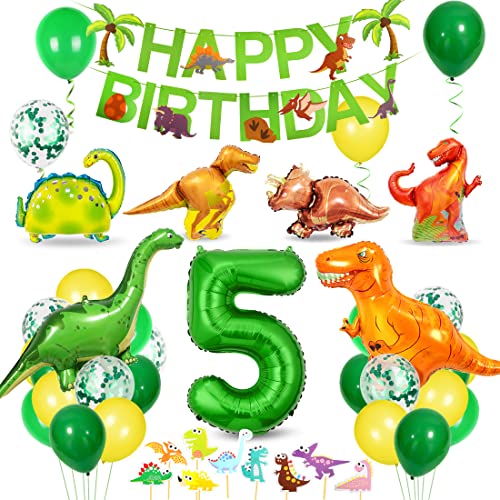 Bluelves Dino Geburtstag Deko 5 jahre, Deko Dinosaurier Geburtstag,Geburtstag Deko 5 jahre junge,Dino Party Kindergeburtstag, Luftballons Grün für Dinosaurier Party Dschungel Party Kinder von Bluelves