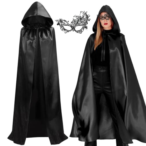 Bluelves Schwarzer Umhang mit Kapuze,Halloween Schwarzer Umhang,Halloween Kostüm,Karneval Halloween Weihnachten Cape Mantel,Umhang Mittelalter,Vampir Umhang, Erwachsene Kinder Damen Männer(L) von Bluelves