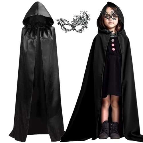 Bluelves Schwarzer Umhang mit Kapuze,Halloween Schwarzer Umhang,Halloween Kostüm,Karneval Halloween Weihnachten Cape Mantel,Umhang Mittelalter,Vampir Umhang, Erwachsene Kinder Damen Männer(M) von Bluelves