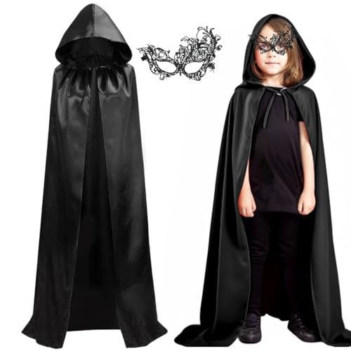 Bluelves Schwarzer Umhang mit Kapuze,Halloween Schwarzer Umhang,Halloween Kostüm,Karneval Halloween Weihnachten Cape Mantel,Umhang Mittelalter,Vampir Umhang, Erwachsene Kinder Damen Männer(S) von Bluelves