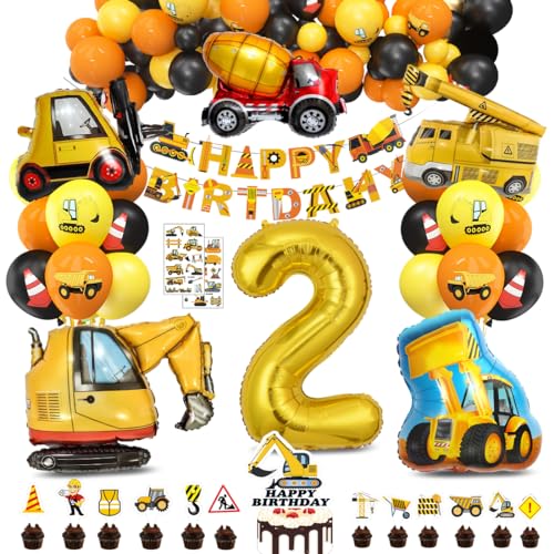 Bluelves XXL Bagger Deko Kindergeburtstag 2, Baustellen Geburtstagdeko Junge 2 Jahre, BAU Party Dekoration, Baustelle Luftballons Geburtstag mit Happy Birthday Banner von Bluelves