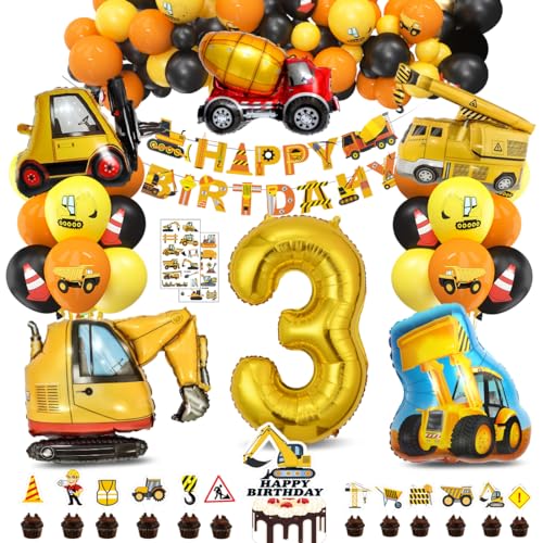 Bluelves XXL Bagger Deko Kindergeburtstag 3, Baustellen Geburtstagdeko Junge 3 Jahre, BAU Party Dekoration, Baustelle Luftballons Geburtstag mit Happy Birthday Banner von Bluelves
