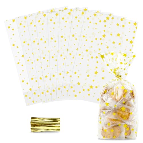 Bodenbeutel Goldene Sterne 100 Stück, Cellophantüten Weihnachten 240 x 150mm, Transparente Kekstüten Plätzchentüten Mit Bindebaender, Zellophantüten Mit Boden für Süßigkeiten von Bluelves