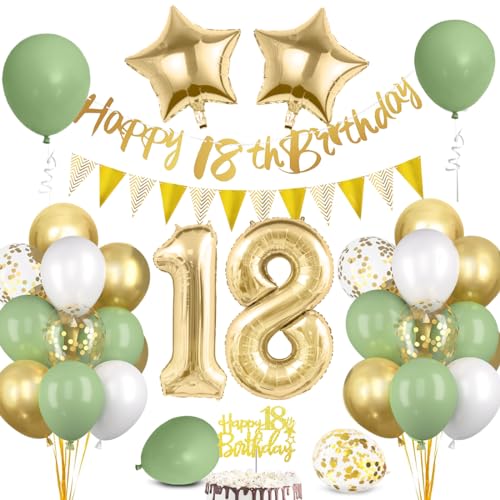 Deko 18. Geburtstag Junge Mädchen, Luftballons 18 Geburtstag Grün Gold, 18 Happy Birthday Banner Wimpelkette, Folienballon Zahl 18, Cake Topper für 18 Geburtstag Party Dekoration von Bluelves