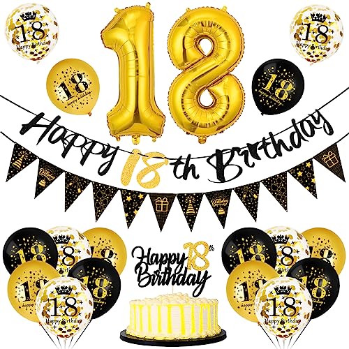 Deko 18. Geburtstag Junge Mädchen, Luftballons Schwarz Gold, Happy Birthday Banner Wimpelkette, Folienballon Zahl 18, Cake Topper für Party Dekoration von Bluelves