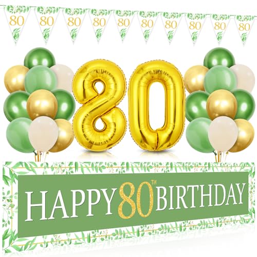 Deko 80 Geburtstag Frau, 80 Geburtstag Deko Grün Gold, Lange Happy 80th Birthday Banner 210×40cm, Luftballon 80. Geburtstag und Dreieckiges Flaggen, Grün Gold Geburtstagsdeko für 80 Frauen Mann Deko 80 Geburtstag Frau, 80 Geburtstag Deko Grün Gold, Lange Happy 80th Birthday Banner 210×40cm, Luftballon 80. Geburtstag und Dreieckiges Flaggen, Grün Gold Geburtstagsdeko für 80 Frauen Mann von Bluelves