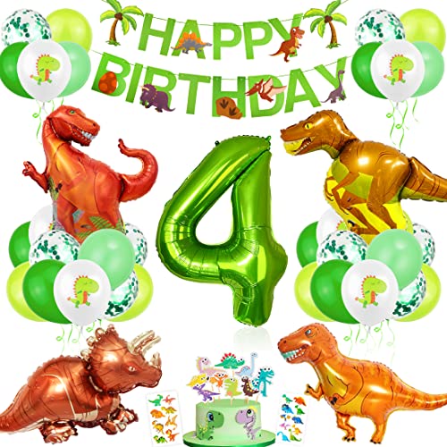 Dino Geburtstag Deko 4 Jahre, XXL Dino Luftballons Geburtstag 4, Geburtstagsdeko Jungen 4 Jahre Dinosaurier, Folienballon 4 Dino Ballons Grün für Kindergeburtstag Dinosaurier Partyset Dekoration von Bluelves