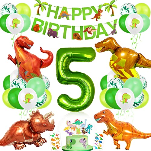 Dino Geburtstag Deko 5 Jahre, XXL Dino Luftballons Geburtstag 5, Geburtstagsdeko Jungen 5 Jahre Dinosaurier, Folienballon 5 Dino Ballons Grün für Kindergeburtstag Dinosaurier Partyset Dekoration von Bluelves