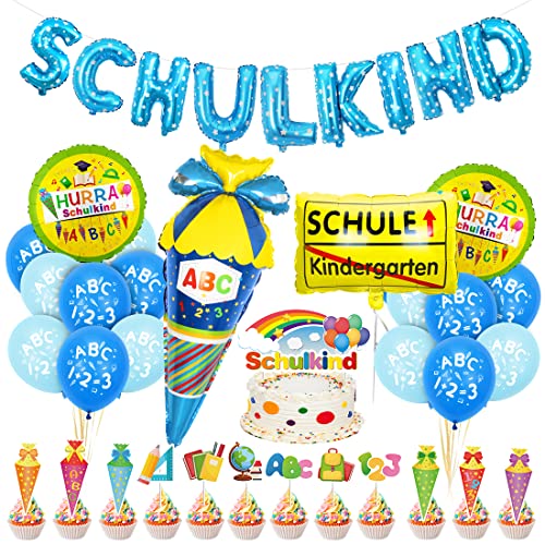 Einschulung Schuleinführung Schulanfang Deko Set für Jungen,Geschenk Einschulung Junge Deko Blau,SCHULKIND Blau Banner + HURRA SCHULKIND Schulanfang Folienballon + Zuckertüte Luftballons mit ABC von Bluelves