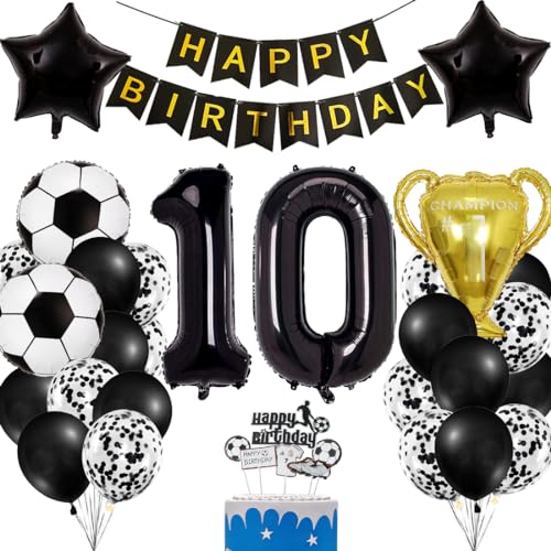 Fussball Luftballon 10 Geburtstag Jungen, Fußball Deko Schwarze Gold 10. Geburtstag Kinder, Fussball Ballon Geburtstagsdeko 10 Jahre Junge, Fussball Party Deko Kindergeburtstag Tortenaufleger von Bluelves