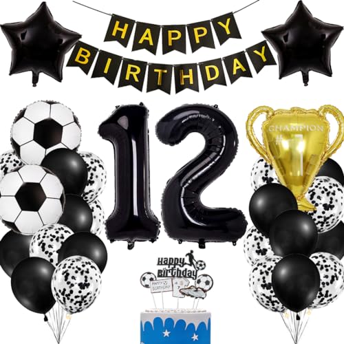 Fussball Luftballon 12 Geburtstag Jungen, Fußball Deko Schwarze Gold 12. Geburtstag Kinder, Fussball Ballon Geburtstagsdeko 12 Jahre Junge, Fussball Party Deko Kindergeburtstag Tortenaufleger von Bluelves
