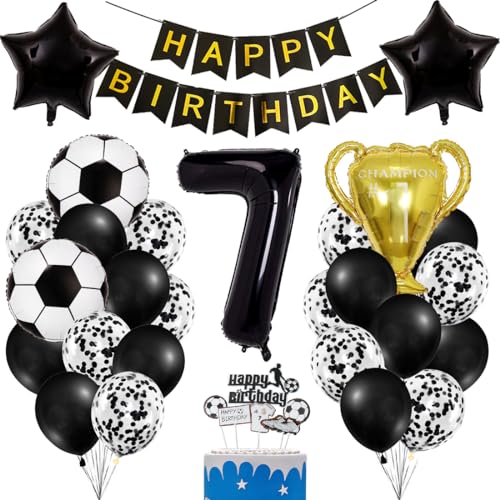 Fussball Luftballon 7 Geburtstag Jungen, Fußball Deko Schwarze Gold 7. Geburtstag Kinder, Fussball Ballon Geburtstagsdeko 7 Jahre Junge, Fussball Party Deko Kindergeburtstag Tortenaufleger von Bluelves