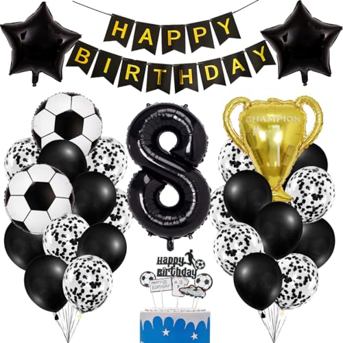 Fussball Luftballon 8 Geburtstag Jungen, Fußball Deko Schwarze Gold 8. Geburtstag Kinder, Fussball Ballon Geburtstagsdeko 8 Jahre Junge, Fussball Party Deko Kindergeburtstag Tortenaufleger von Bluelves