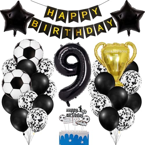 Fussball Luftballon 9 Geburtstag Jungen, Fußball Deko Schwarze Gold 9. Geburtstag Kinder, Fussball Ballon Geburtstagsdeko 9 Jahre Junge, Fussball Party Deko Kindergeburtstag Tortenaufleger von Bluelves
