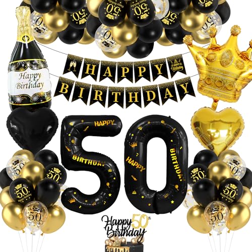 Deko 50 Geburtstag Mann Frau, Luftballon 50 Geburtstag Schwarz Gold, 50 Happy Birthday Banner, Folienballon Zahl 50 Cake Topper Schwarz Gold für 50. Party Geburtstagsdeko Deko 50 Geburtstag Mann Frau, Luftballon 50 Geburtstag Schwarz Gold, 50 Happy Birthday Banner, Folienballon Zahl 50 Cake Topper Schwarz Gold für 50. Party Geburtstagsdeko von Bluelves