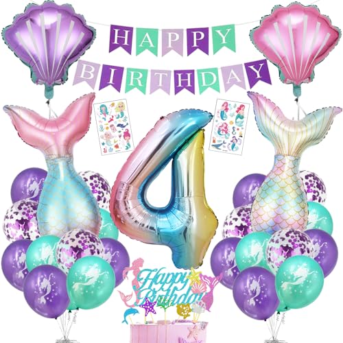 Bluelves Meerjungfrau Geburtstag Deko 4 Jahre, Meerjungfrauen Party Luftballon, Kindergeburtstag Dekoration Mädchen Folienballon 4, Meerjungfrau Ballonset mit Happy Birthday Banner von Bluelves