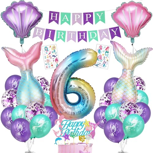 Bluelves Meerjungfrau Geburtstag Deko 6 Jahre, Meerjungfrauen Party Luftballon, Kindergeburtstag Dekoration Mädchen Folienballon 6, Meerjungfrau Ballonset mit Happy Birthday Banner von Bluelves