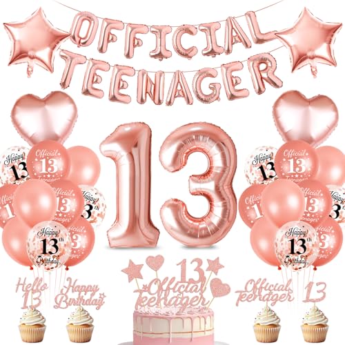 Offizielle Teenager 13. Geburtstag Dekorationen für Mädchen - Luftballons, Happy Birthday Folienballons, Rosegold Schärpe von Bluelves