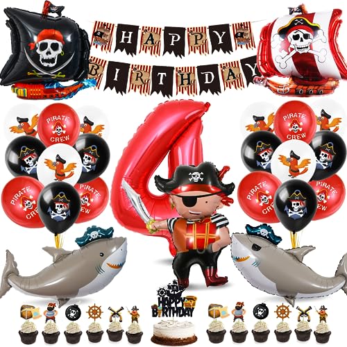 Piraten Geburtstag Deko Set,4 Jahre Kindergeburtstag Piraten Deko,Pirat Folienballon 4 mit Happy Birthday Banner und Tortendeko für Junge Mädchen Geburtstag Halloween von Bluelves