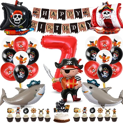 Piraten Geburtstag Deko Set,7 Jahre Kindergeburtstag Piraten Deko,Pirat Folienballon 7 mit Happy Birthday Banner und Tortendeko für Junge Mädchen Geburtstag Halloween von Bluelves